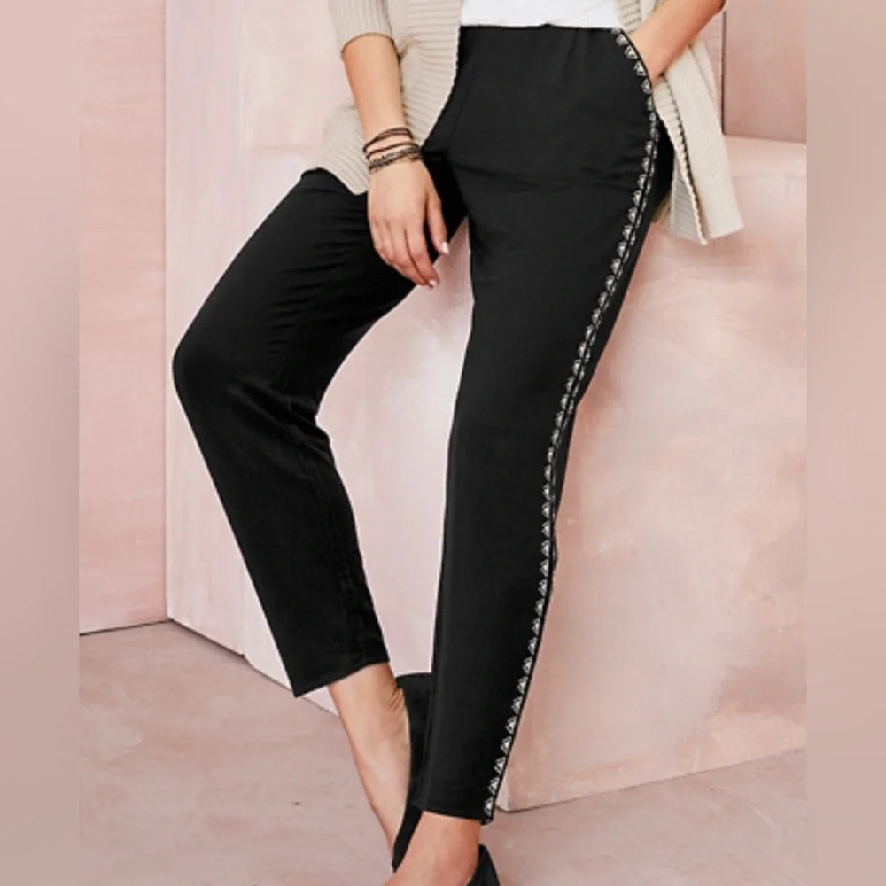 NWT Garnet Hill Women's Easy Black Boho Pants with Side Detailing - Picture 2 of 11